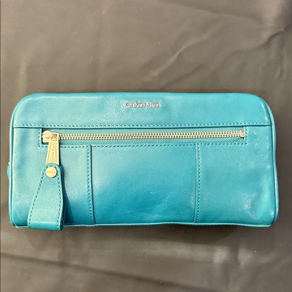 Calvin Klein Teal Leather Zip-Around Wristlet with Front Pocket